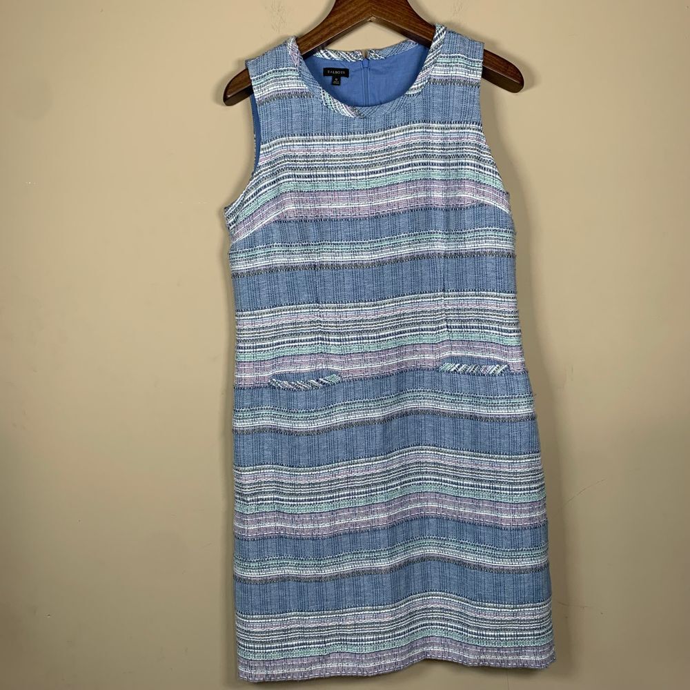 Talbots Tweed Sleeveless Sheath Lined Dress Blue/Pink Stripe Career Size 12
